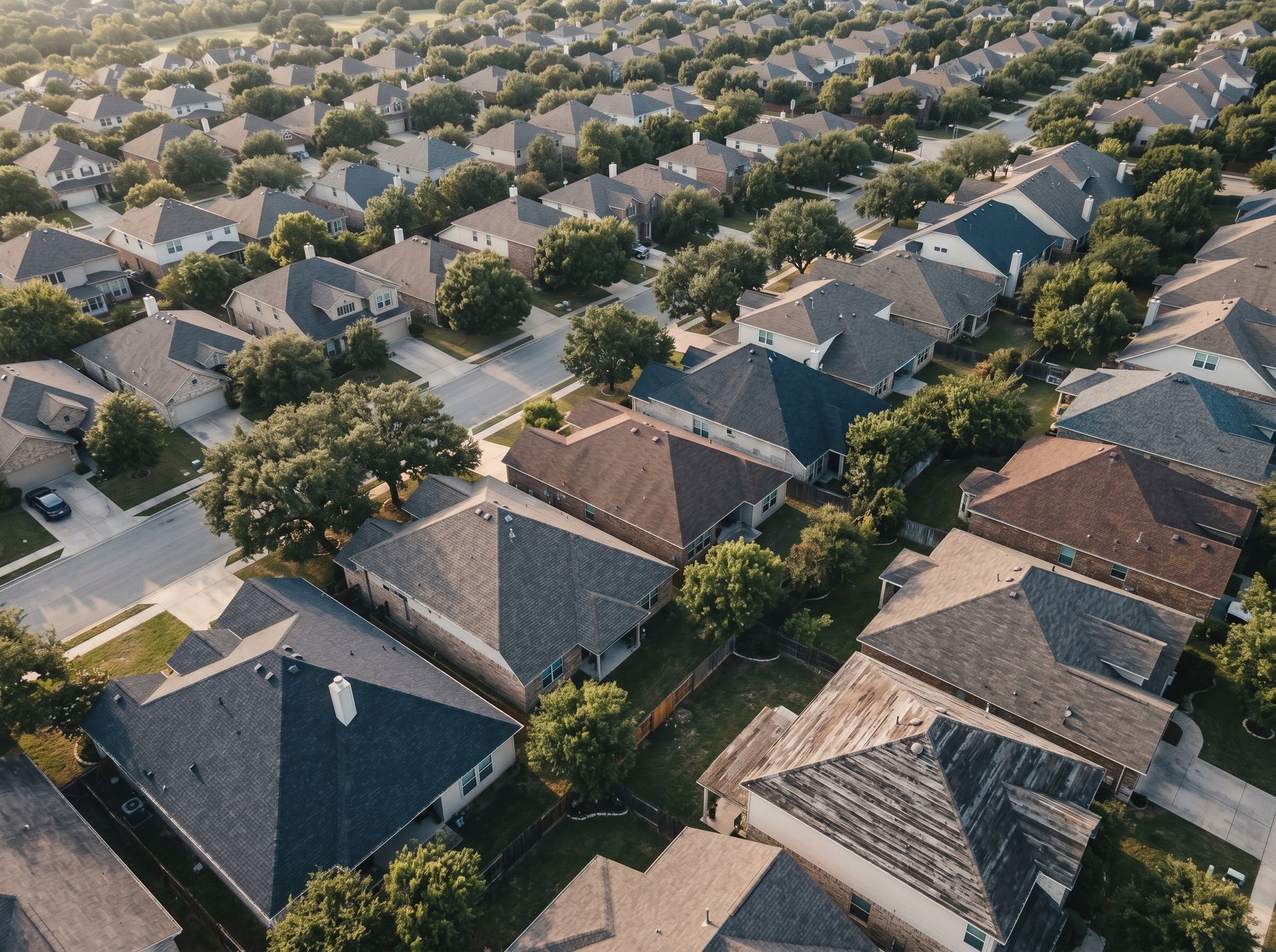 Aerial view of an Austin suburban neighborhood covered by Hover ATX