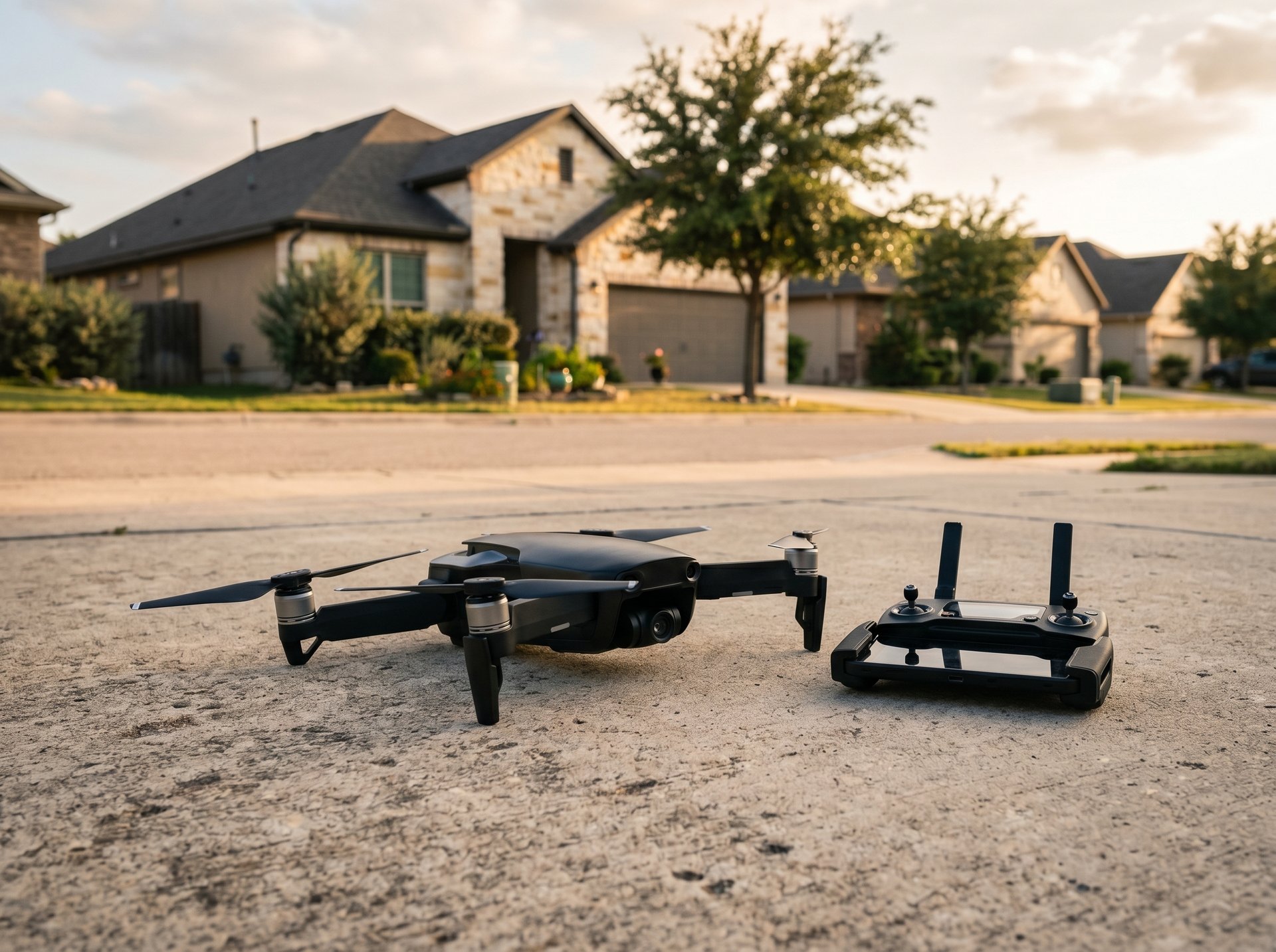 Drone preparing for a residential roof imaging flight