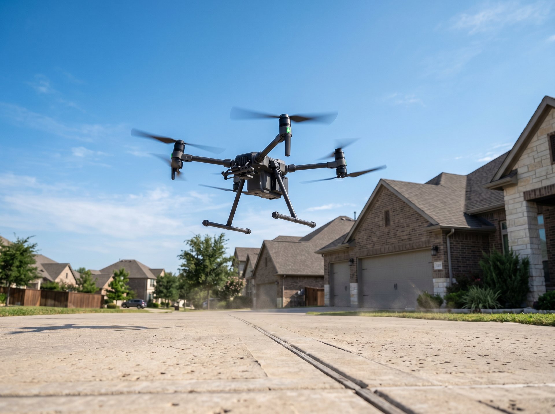 Drone lifting off from a suburban driveway to document storm damage