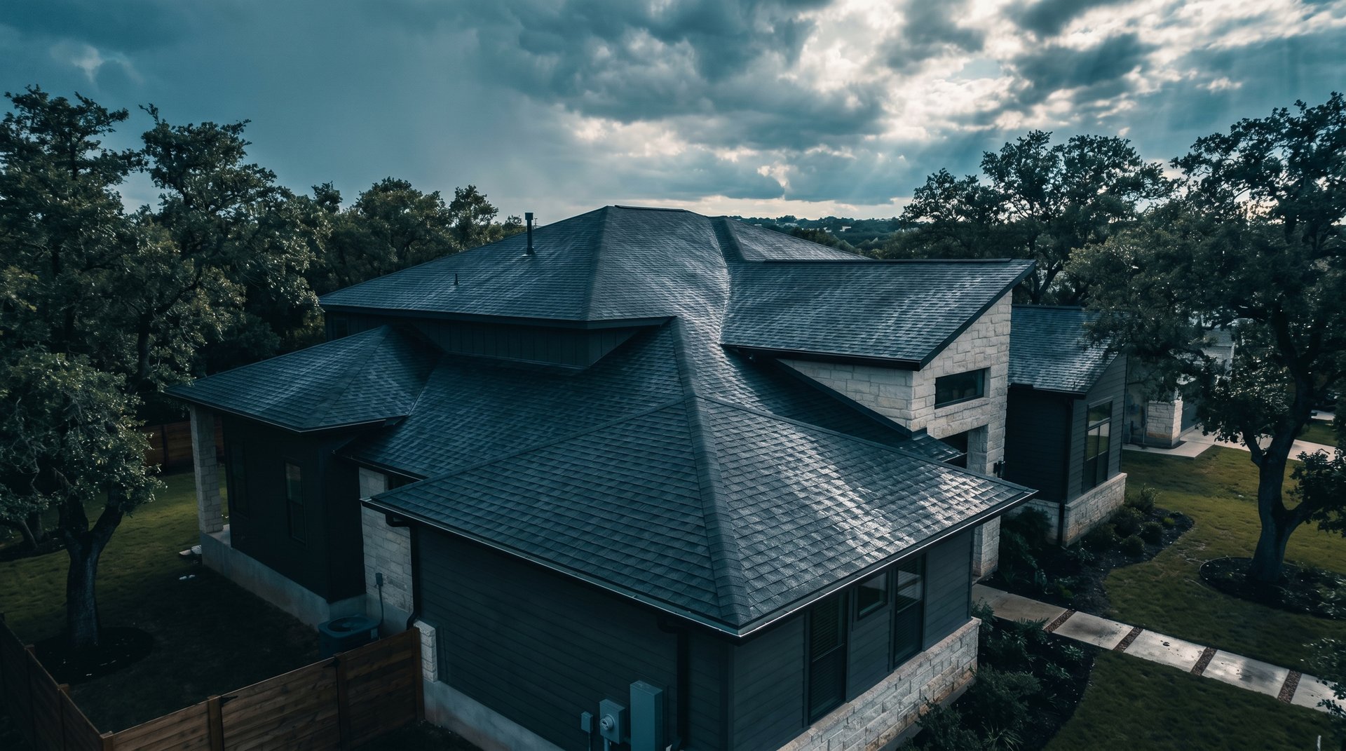 Aerial view of an Austin residential roof after a hail storm